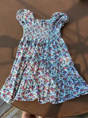 Polo by Ralph Lauren White Floral Smocked Tiered Dress with Pink & Blue Flowers